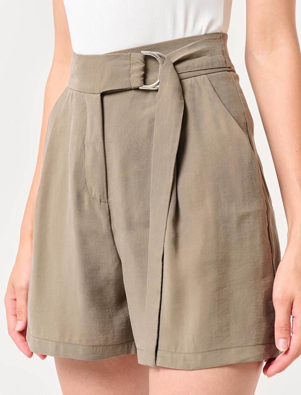 Khaki Straight Cut Normal Waist Plain Voile Shorts