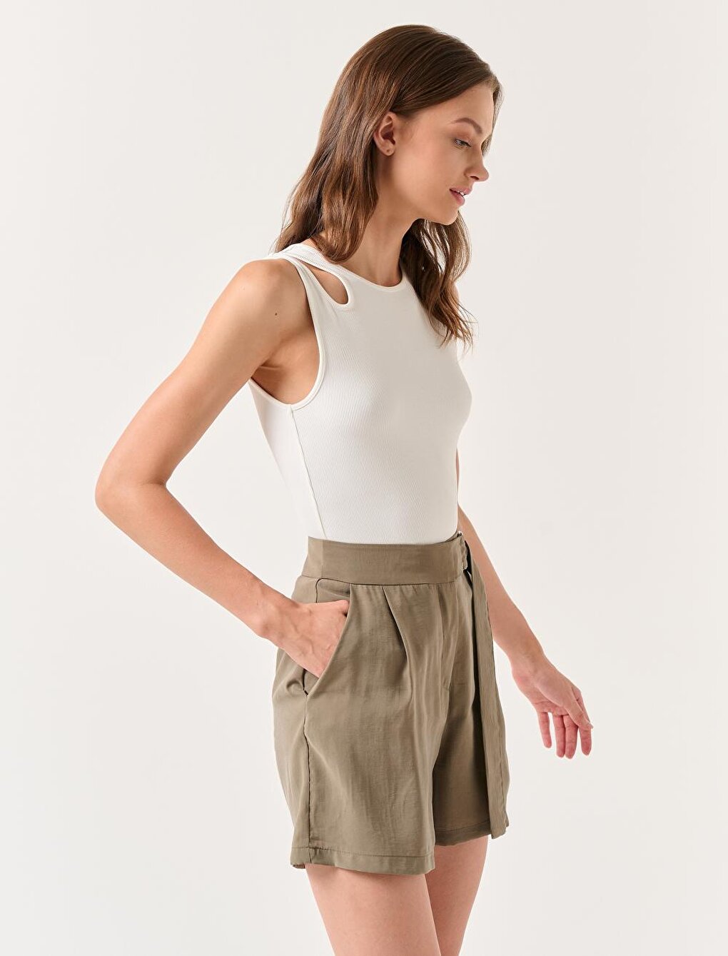 Khaki Straight Cut Normal Waist Plain Voile Shorts