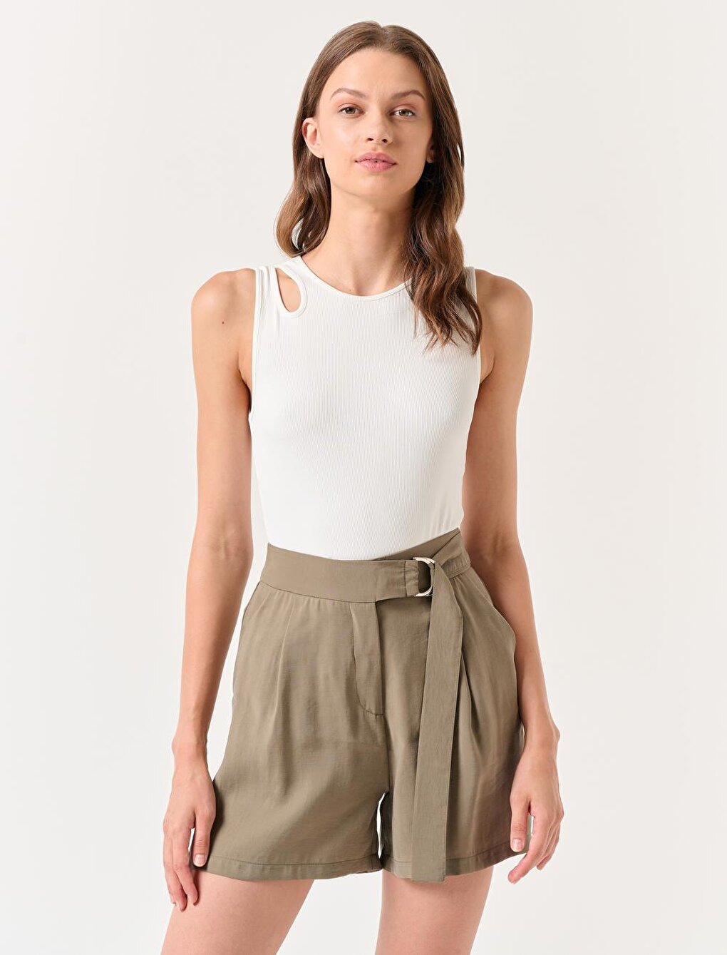 Khaki Straight Cut Normal Waist Plain Voile Shorts