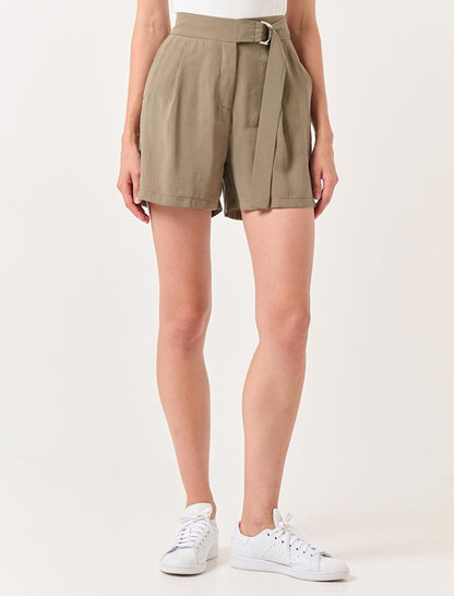 Khaki Straight Cut Normal Waist Plain Voile Shorts