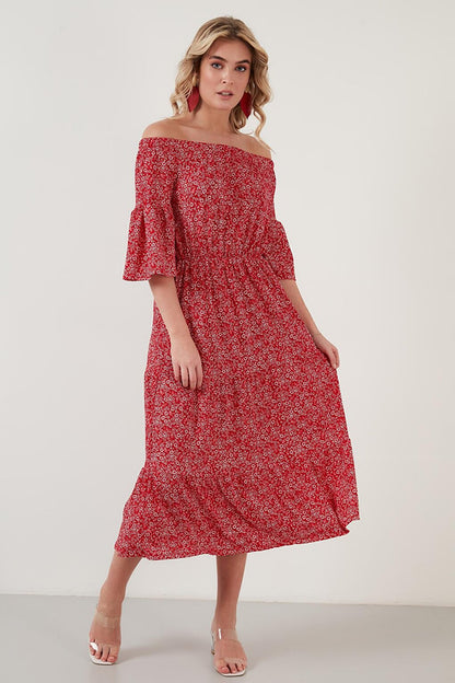 Patterned Carmen Neck Three Quarter Sleeve Midi Dress 5863718