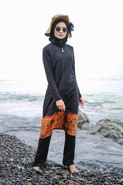 4-Pack Parachute Black Hem Patterned Zippered Full Coverage Hijab Swimsuit 1982