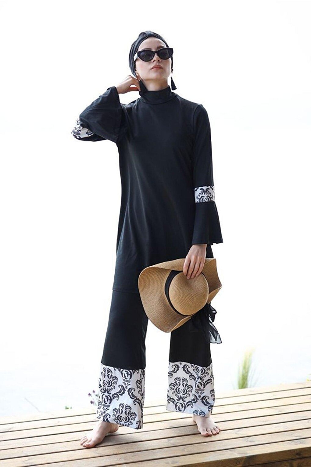 4-Piece Black Patterned Full Coverage Hijab Swimsuit with Rope Tie 1958