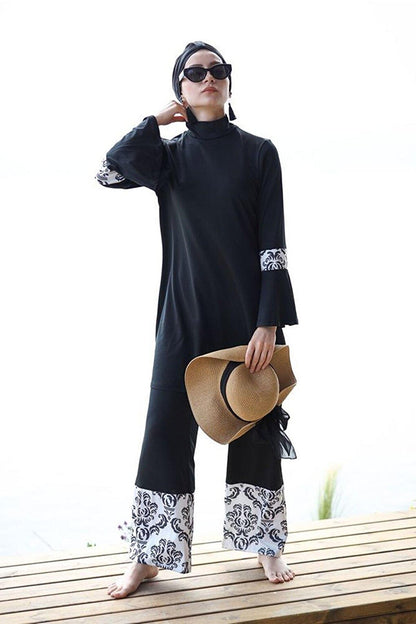 4-Piece Black Patterned Full Coverage Hijab Swimsuit with Rope Tie 1958