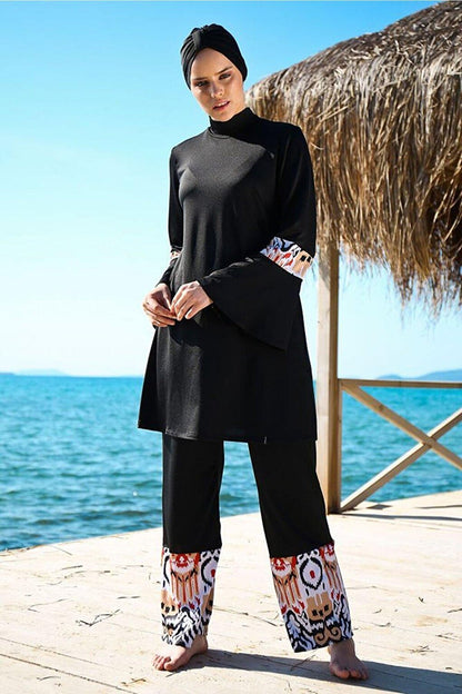 Rope Tied 4-Piece Black Pattern Detailed Fully Covered Hijab Swimsuit 1961