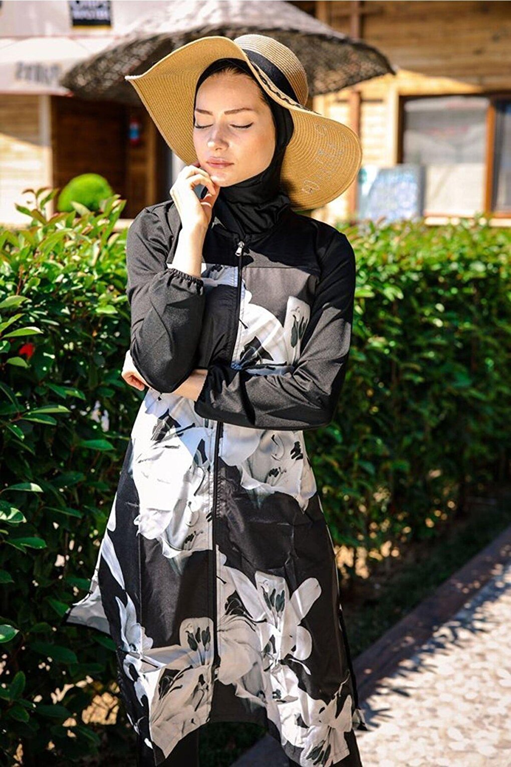 Black Floral Patterned Parachute 3-Piece Fully Covered Hijab Swimsuit 1993