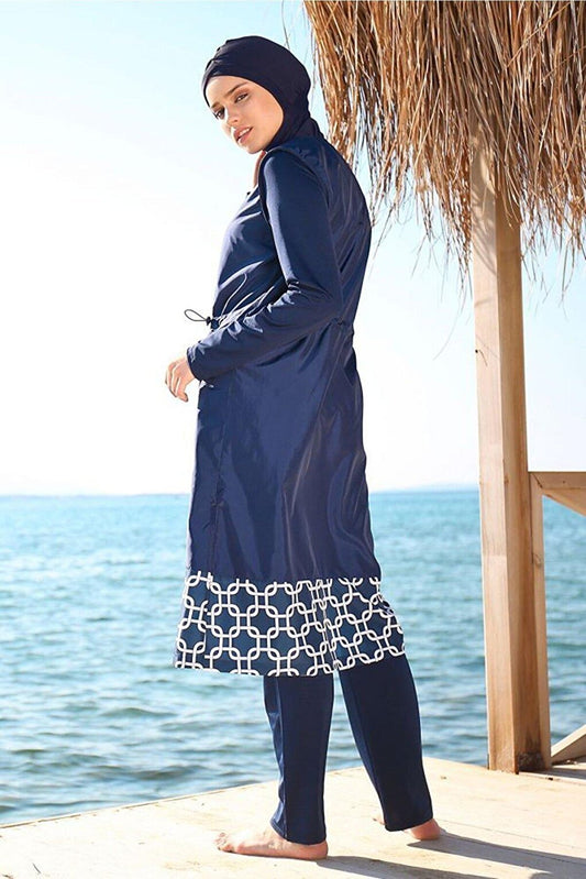 3-Pack Parachute Navy Blue Full Coverage Hijab Swimsuit with Geometric Patterned Hem 1997