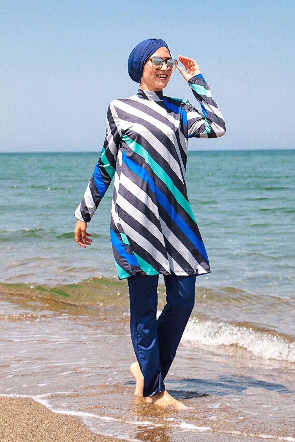 Navy Blue Striped Fully Covered Hijab Swimsuit 1953