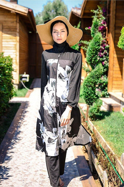 Black Floral Patterned Parachute 3-Piece Fully Covered Hijab Swimsuit 1993