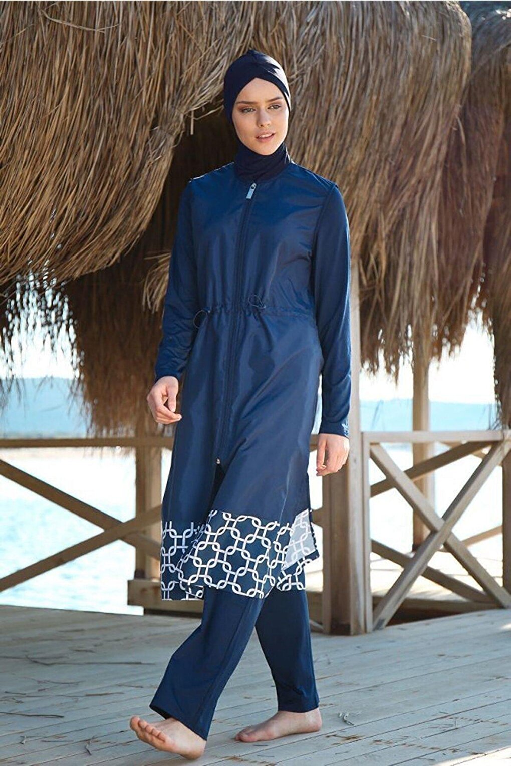 3-Pack Parachute Navy Blue Full Coverage Hijab Swimsuit with Geometric Patterned Hem 1997