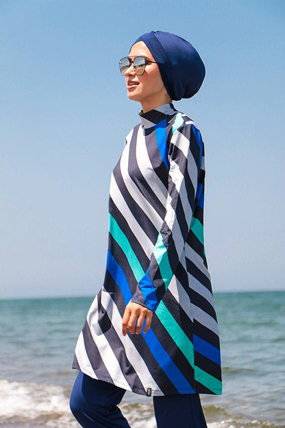 Navy Blue Striped Fully Covered Hijab Swimsuit 1953