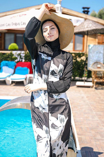 Black Floral Patterned Parachute 3-Piece Fully Covered Hijab Swimsuit 1993