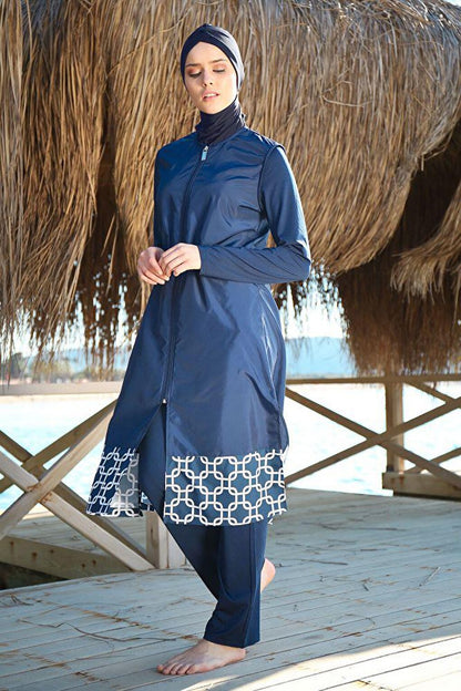 3-Pack Parachute Navy Blue Full Coverage Hijab Swimsuit with Geometric Patterned Hem 1997