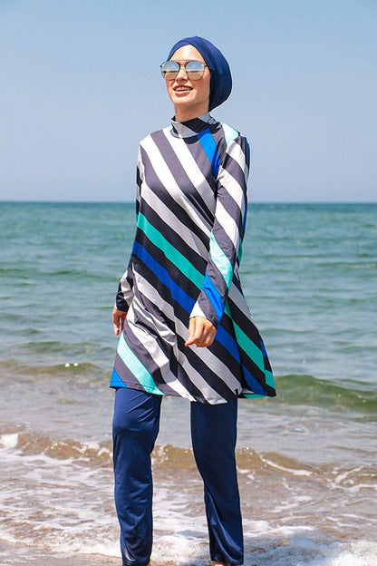 Navy Blue Striped Fully Covered Hijab Swimsuit 1953