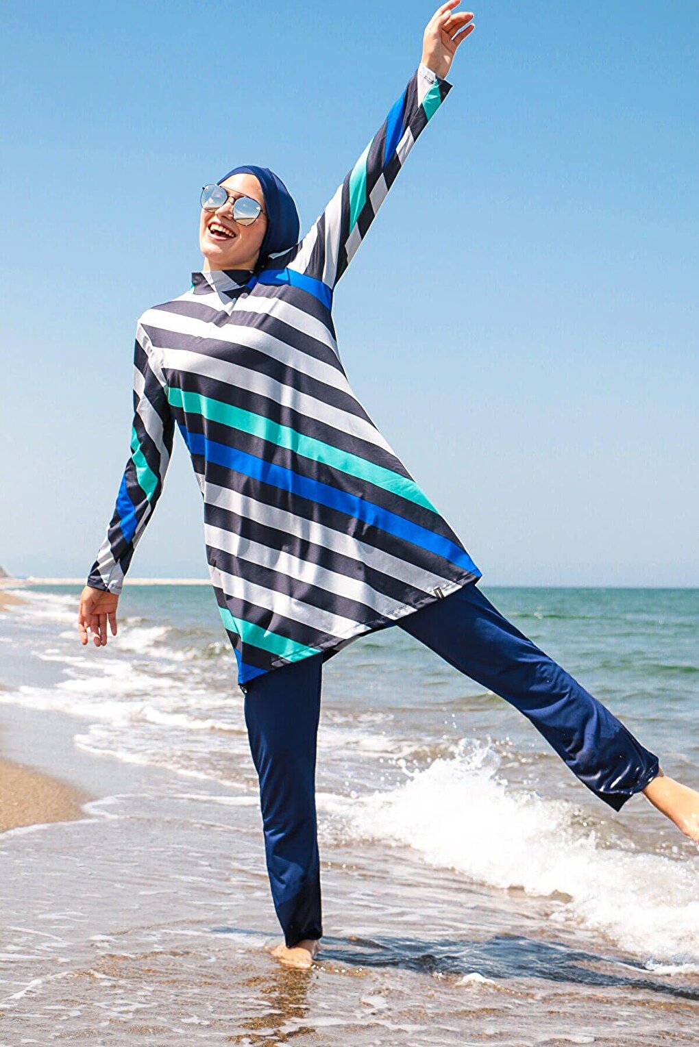 Navy Blue Striped Fully Covered Hijab Swimsuit 1953