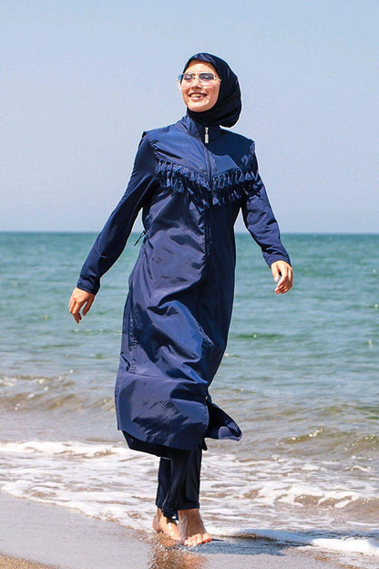 Navy Blue Tasseled Parachute 4-Piece Long Fully Covered Hijab Swimsuit 1998