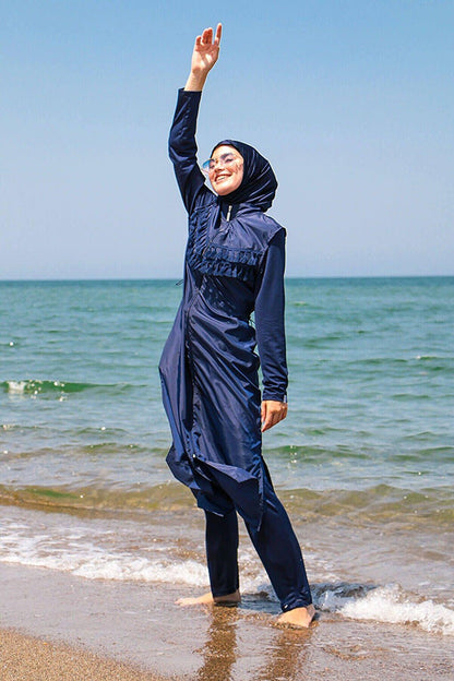 Navy Blue Tasseled Parachute 4-Piece Long Fully Covered Hijab Swimsuit 1998