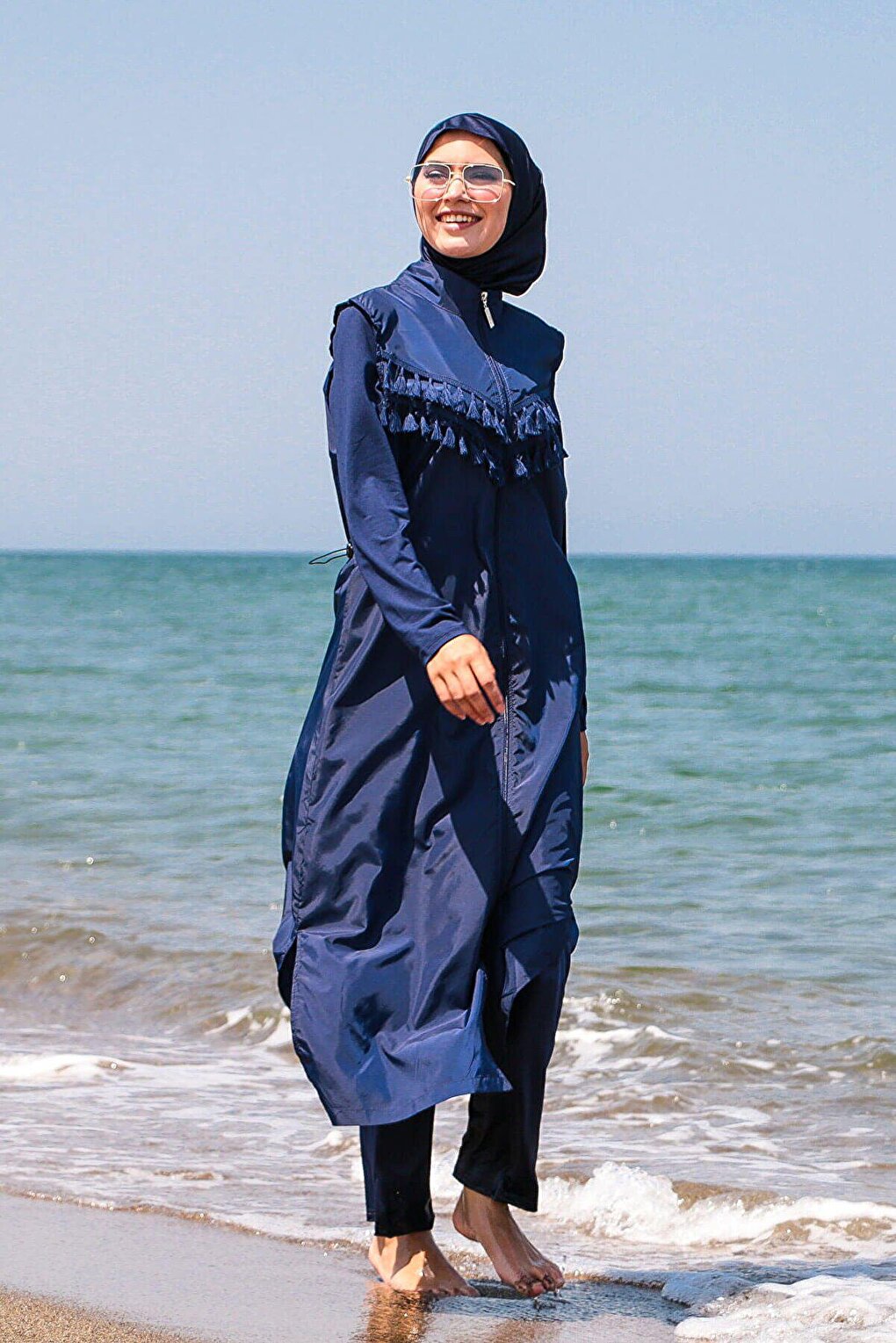 Navy Blue Tasseled Parachute 4-Piece Long Fully Covered Hijab Swimsuit 1998