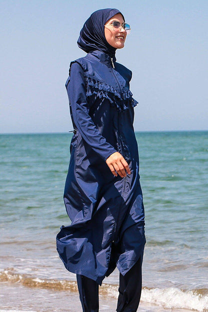 Navy Blue Tasseled Parachute 4-Piece Long Fully Covered Hijab Swimsuit 1998