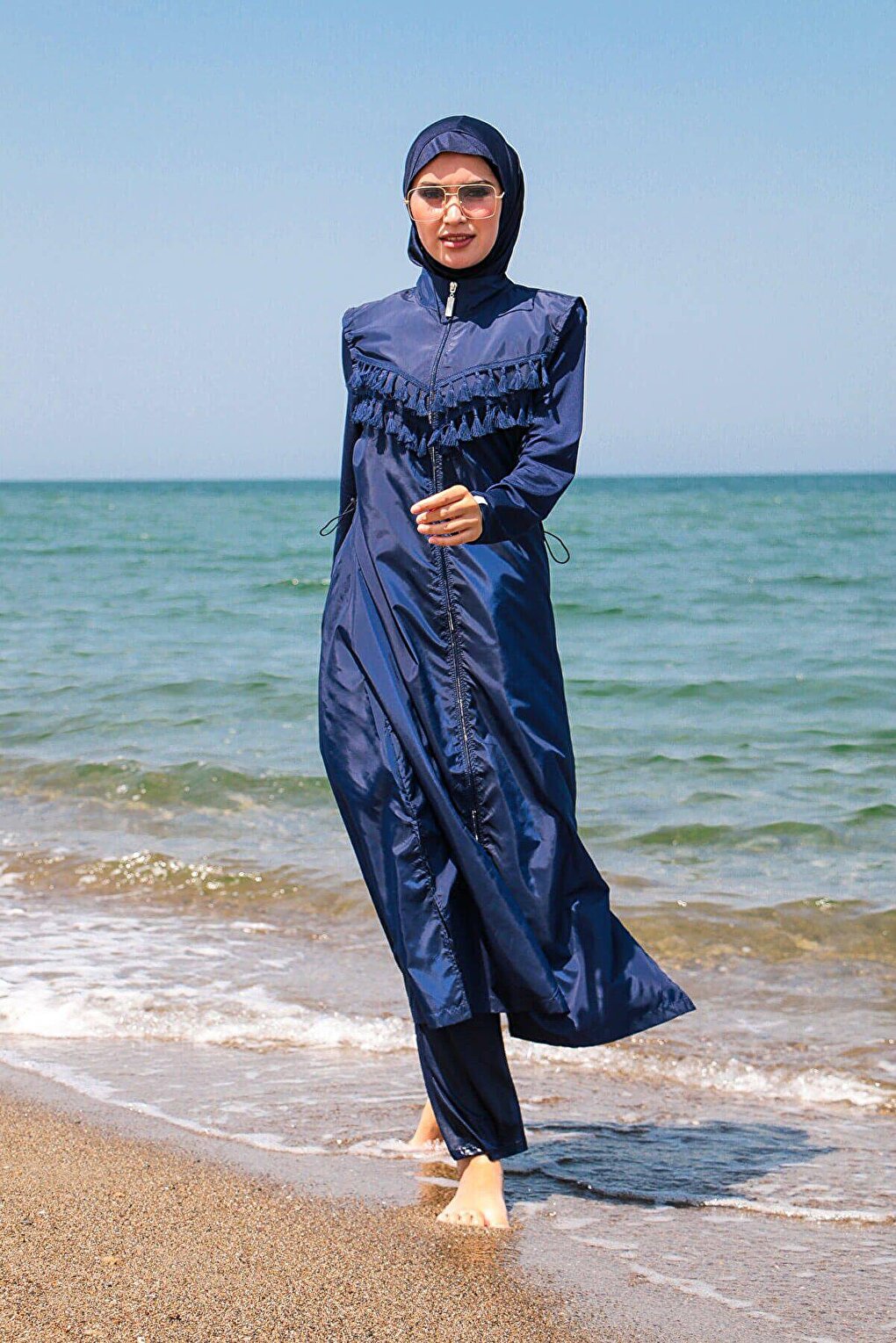 Navy Blue Tasseled Parachute 4-Piece Long Fully Covered Hijab Swimsuit 1998