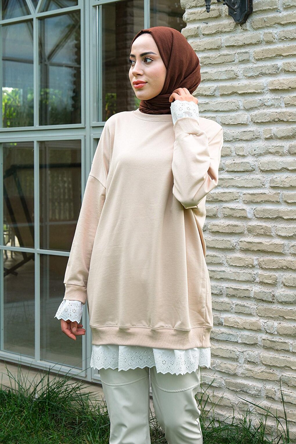 Lace Crew Neck Tunic Cream