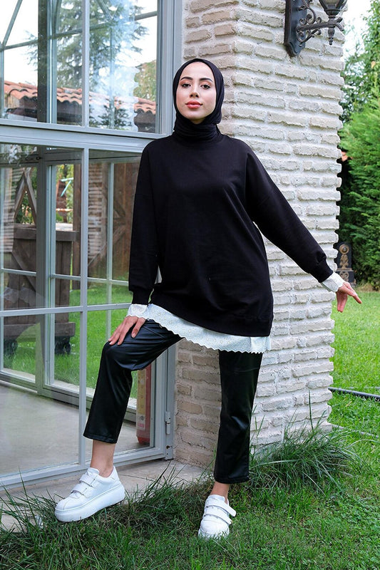 Lace Crew Neck Tunic Black