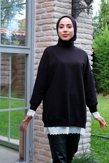 Lace Crew Neck Tunic Black