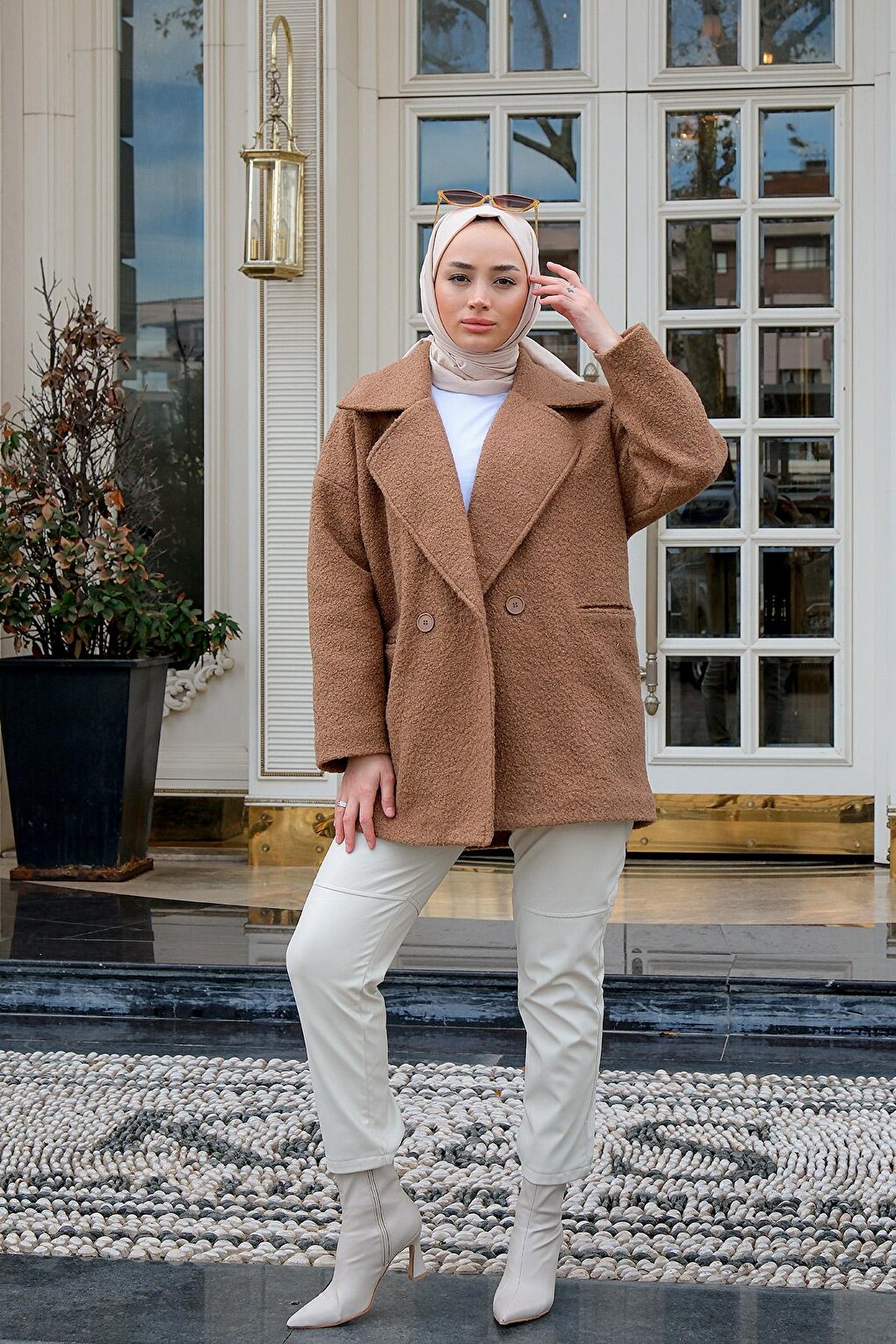 Double Breasted Collar Boucle Coat Camel