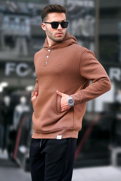 Brown Hooded Button Detailed Sweatshirt 6150