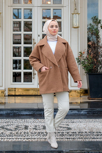 Double Breasted Collar Boucle Coat Camel