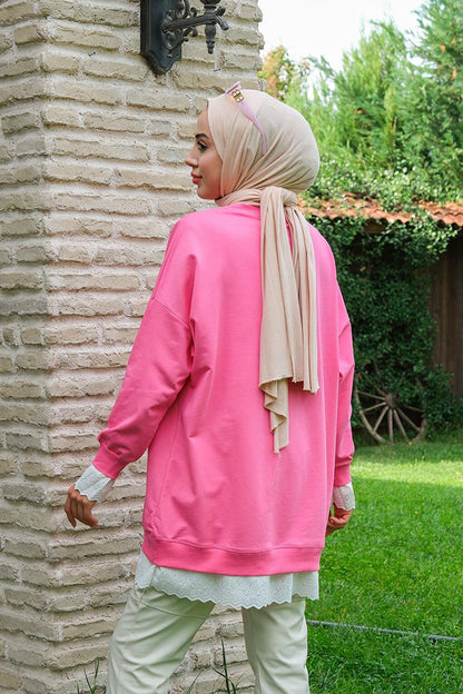 Lace Crew Neck Tunic Pink