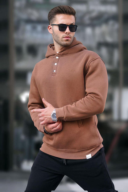 Brown Hooded Button Detailed Sweatshirt 6150