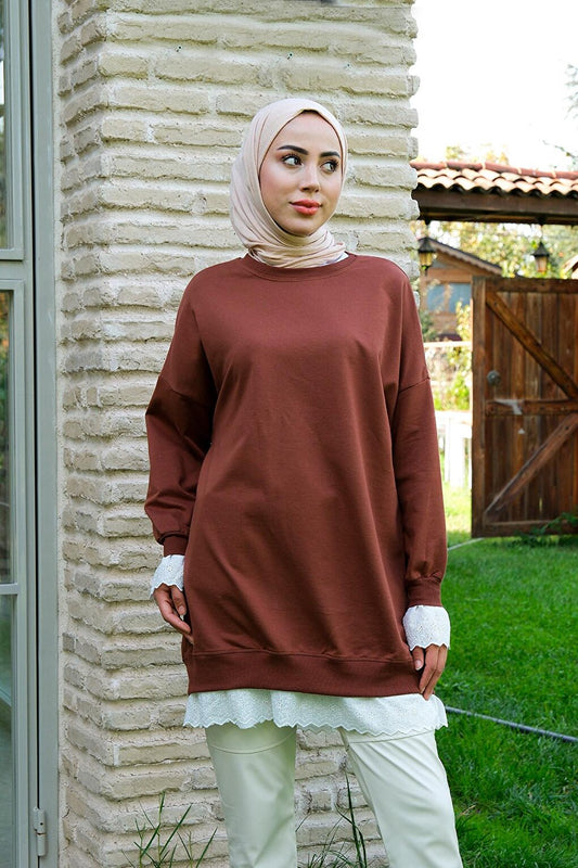 Lace Crew Neck Tunic Brown