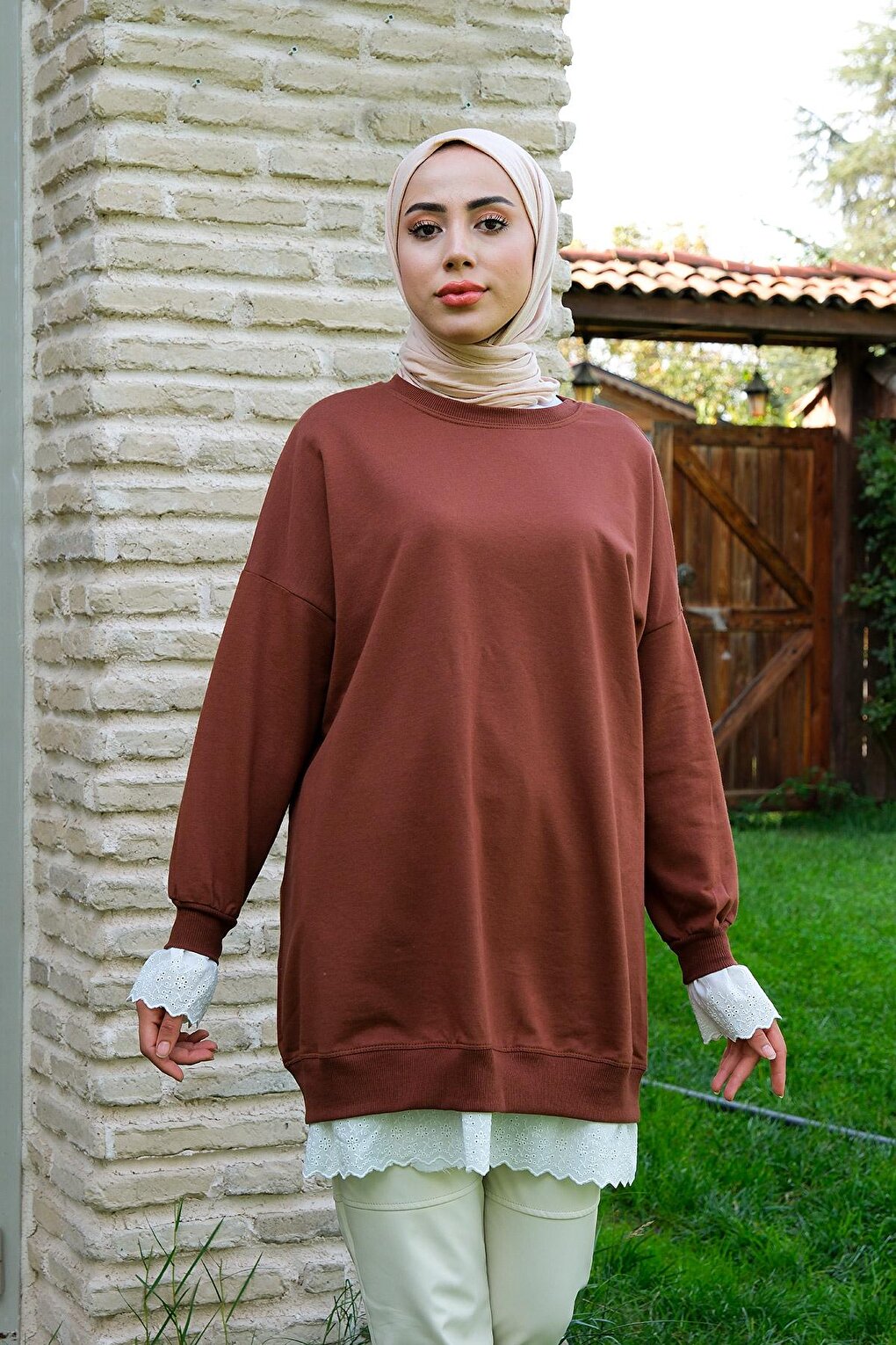 Lace Crew Neck Tunic Brown