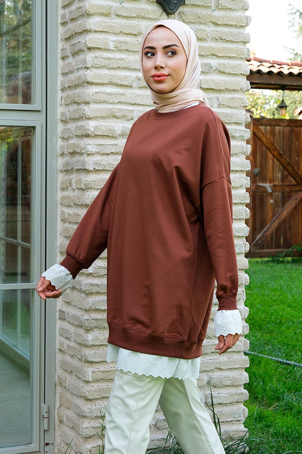 Lace Crew Neck Tunic Brown