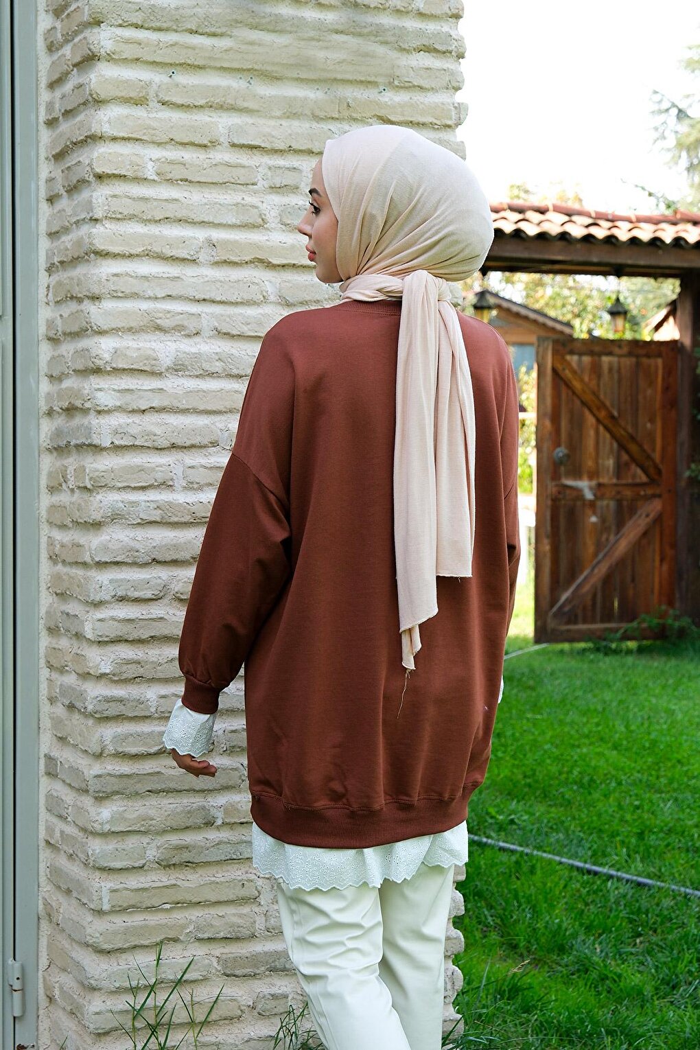 Lace Crew Neck Tunic Brown