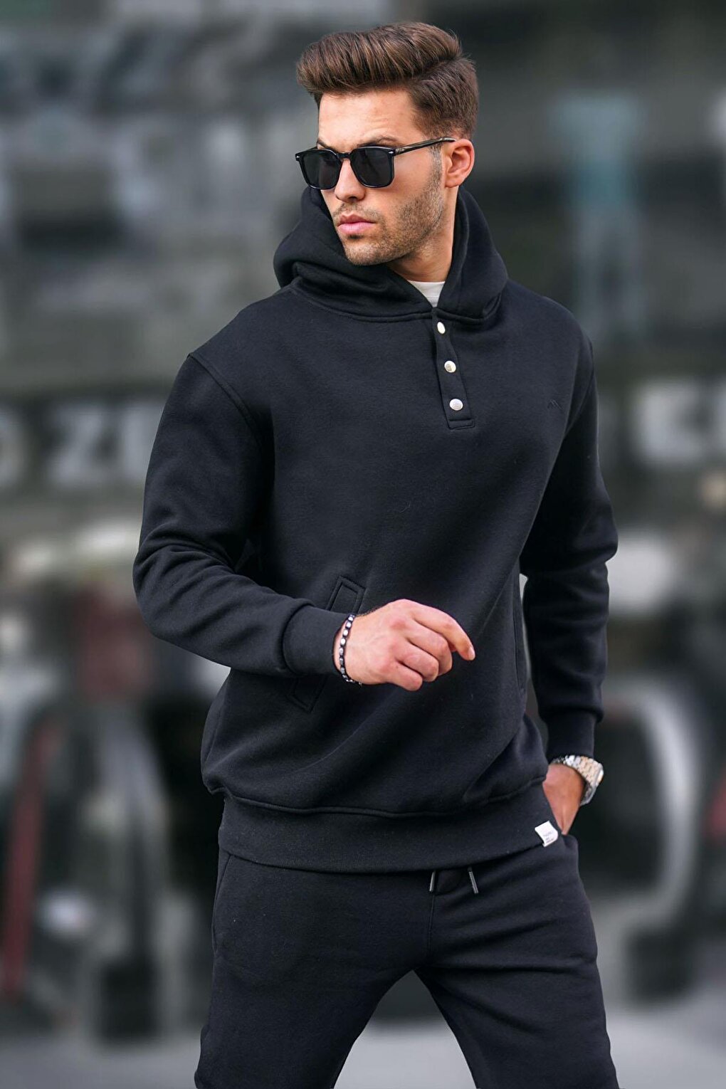 Black Hooded Button Detailed Sweatshirt 6150