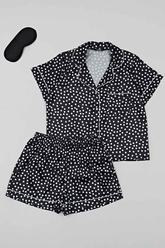 3-Piece Polka Dot Black Satin Pajama Shorts Set