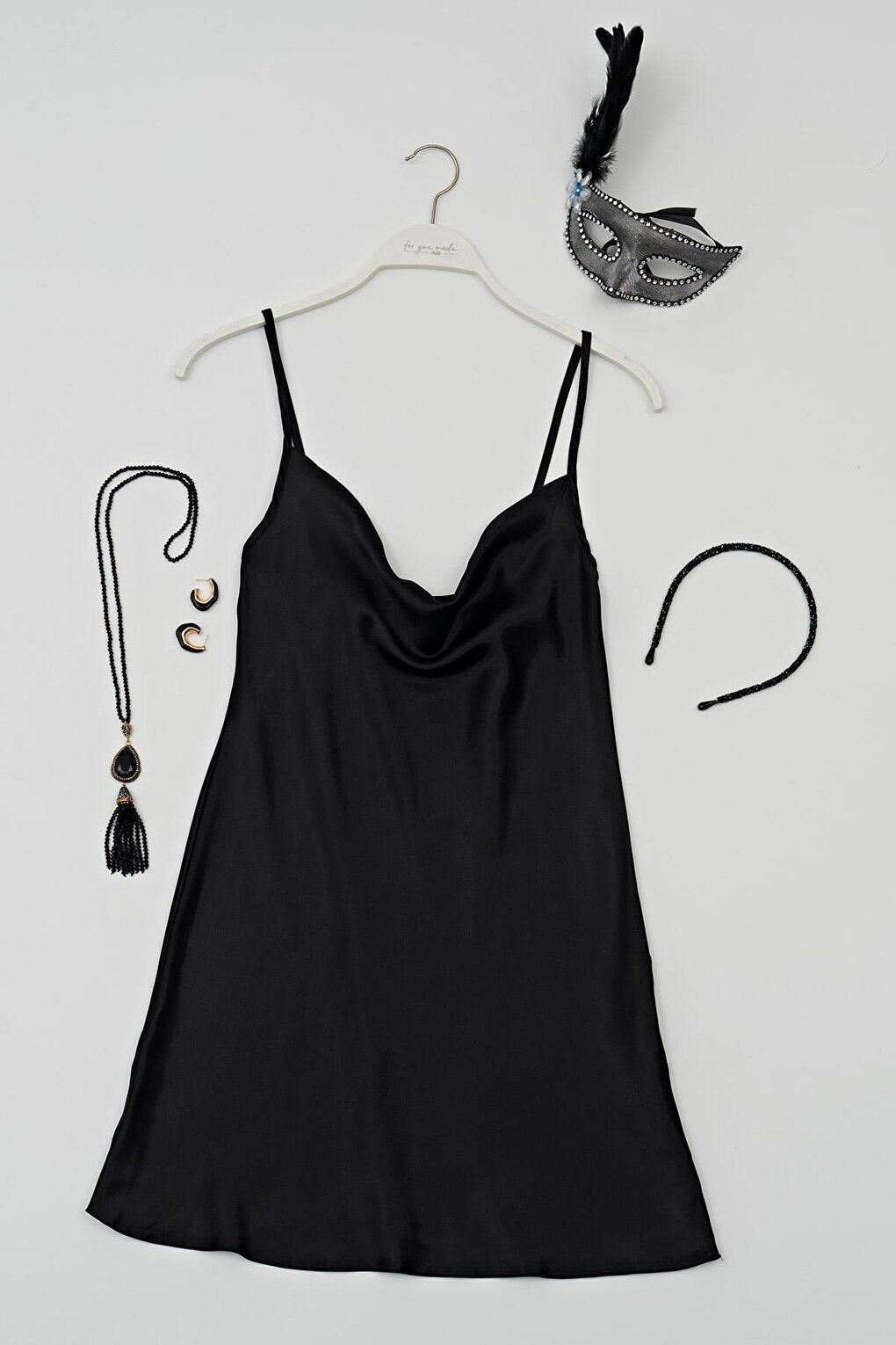 Plunging Neck Black Satin Nightgown