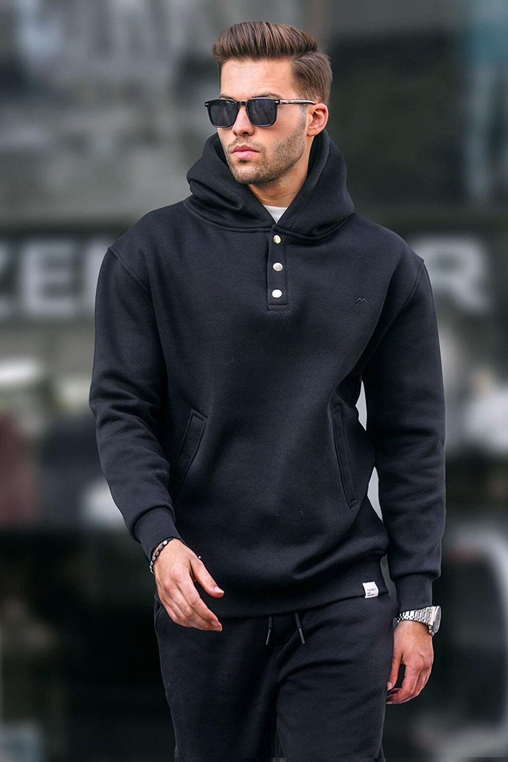 Black Hooded Button Detailed Sweatshirt 6150