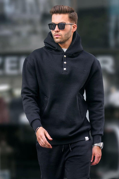 Black Hooded Button Detailed Sweatshirt 6150