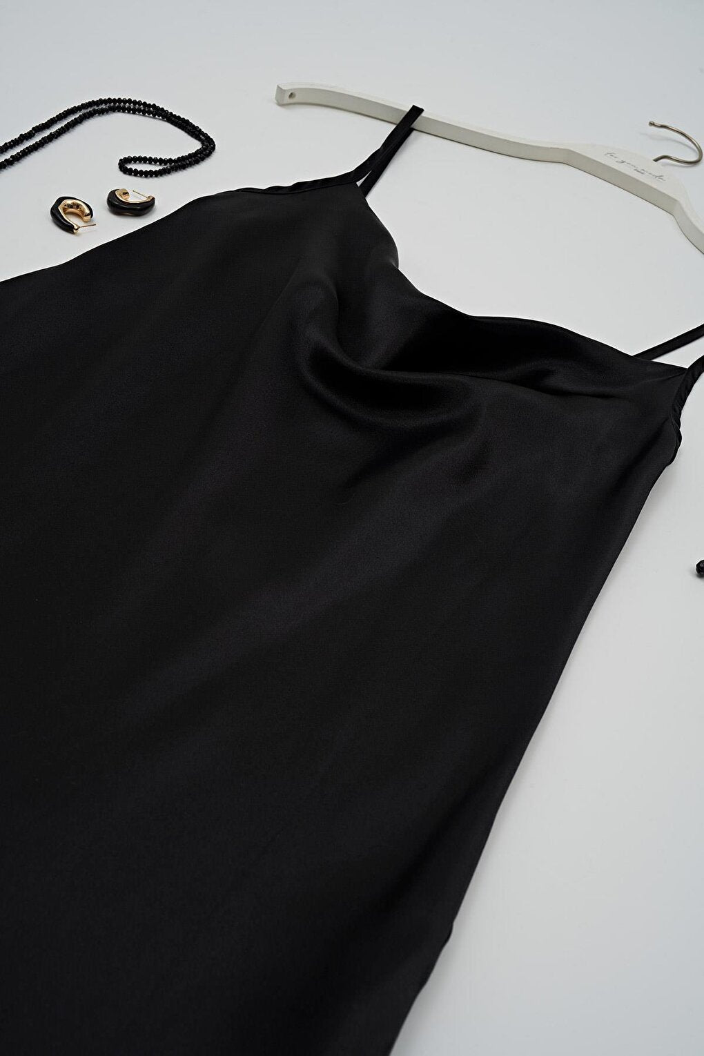 Plunging Neck Black Satin Nightgown