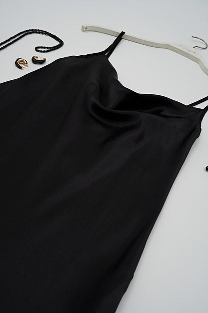 Plunging Neck Black Satin Nightgown