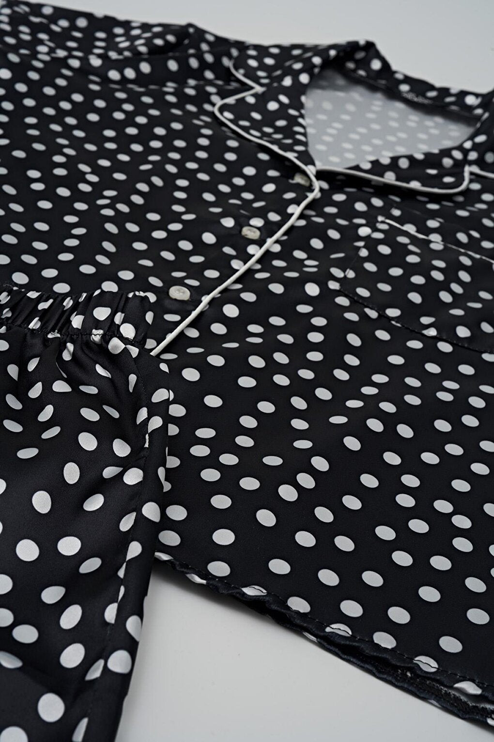 3-Piece Polka Dot Black Satin Pajama Shorts Set