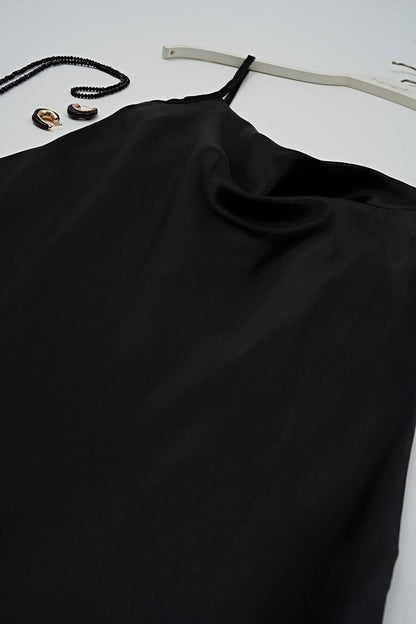 Plunging Neck Black Satin Nightgown