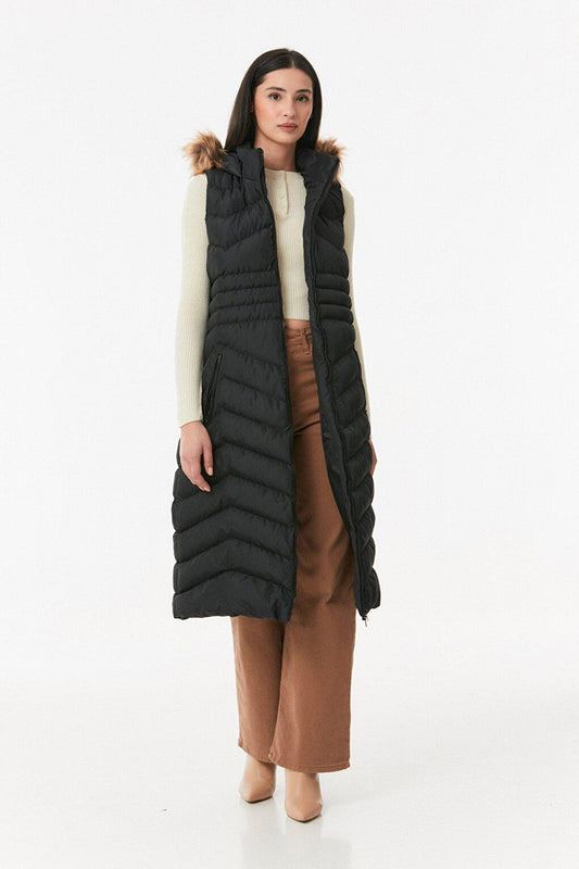 Hooded Sleeveless Long Puffer Vest