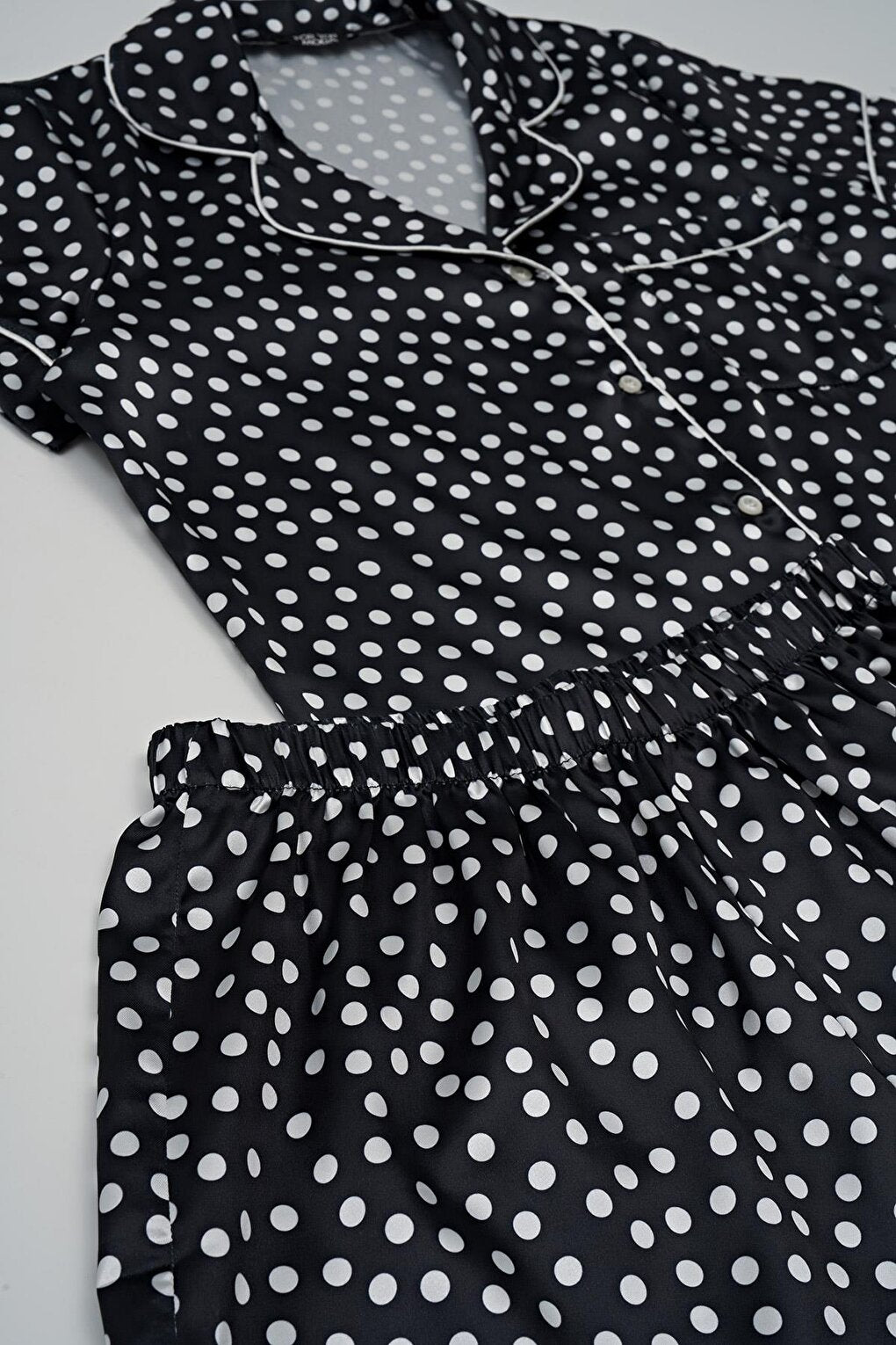 3-Piece Polka Dot Black Satin Pajama Shorts Set