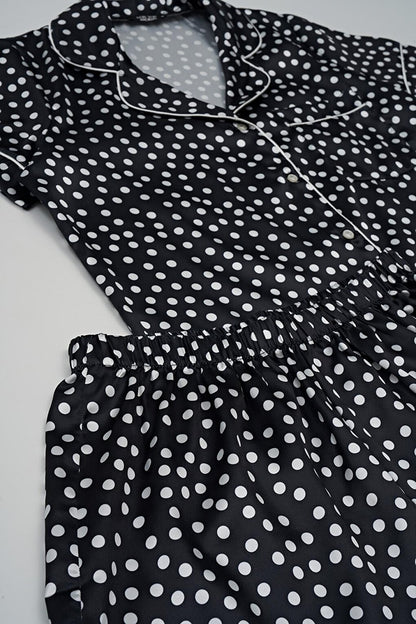 3-Piece Polka Dot Black Satin Pajama Shorts Set