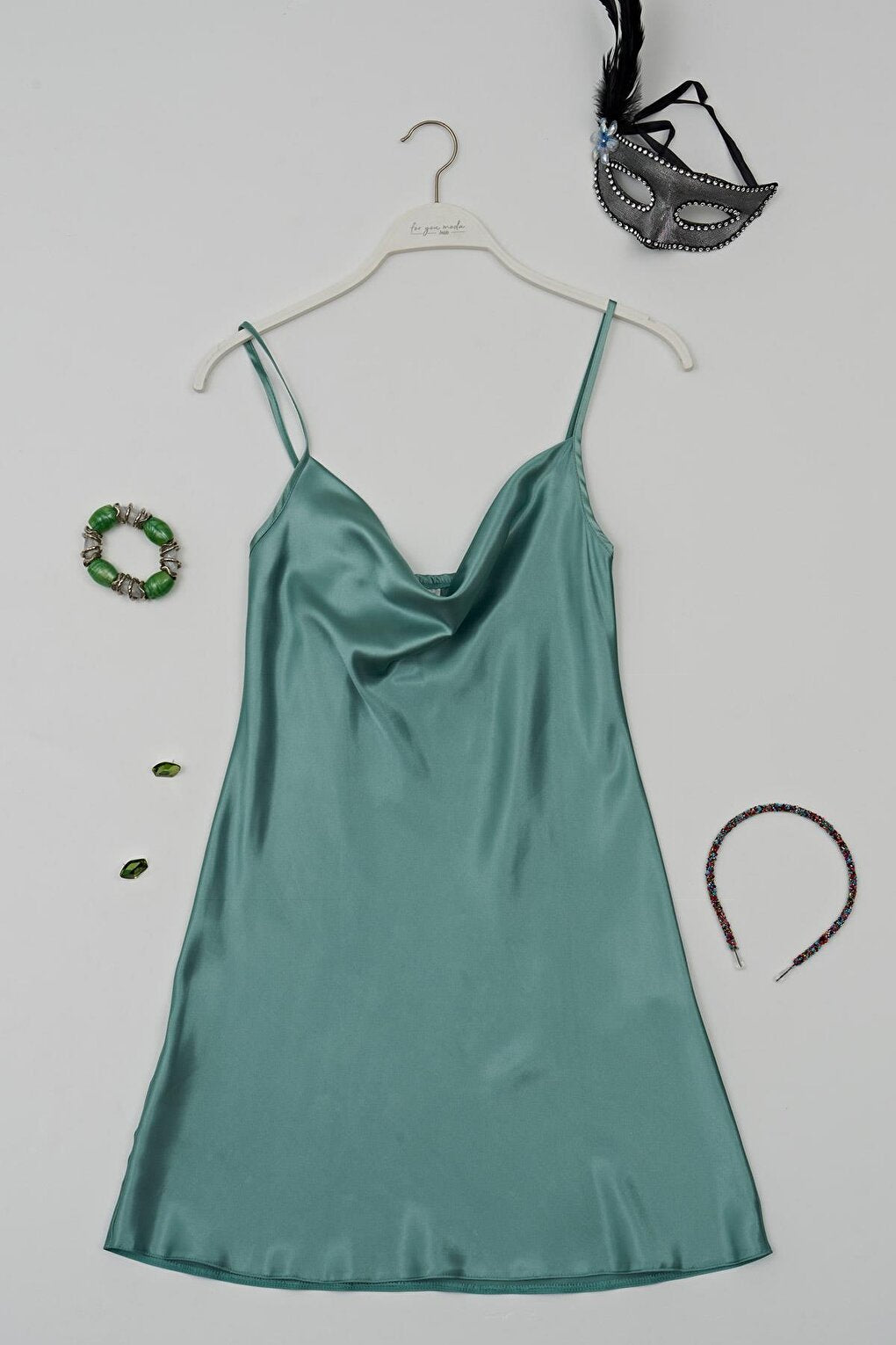 Lace Collar Water Green Satin Nightgown