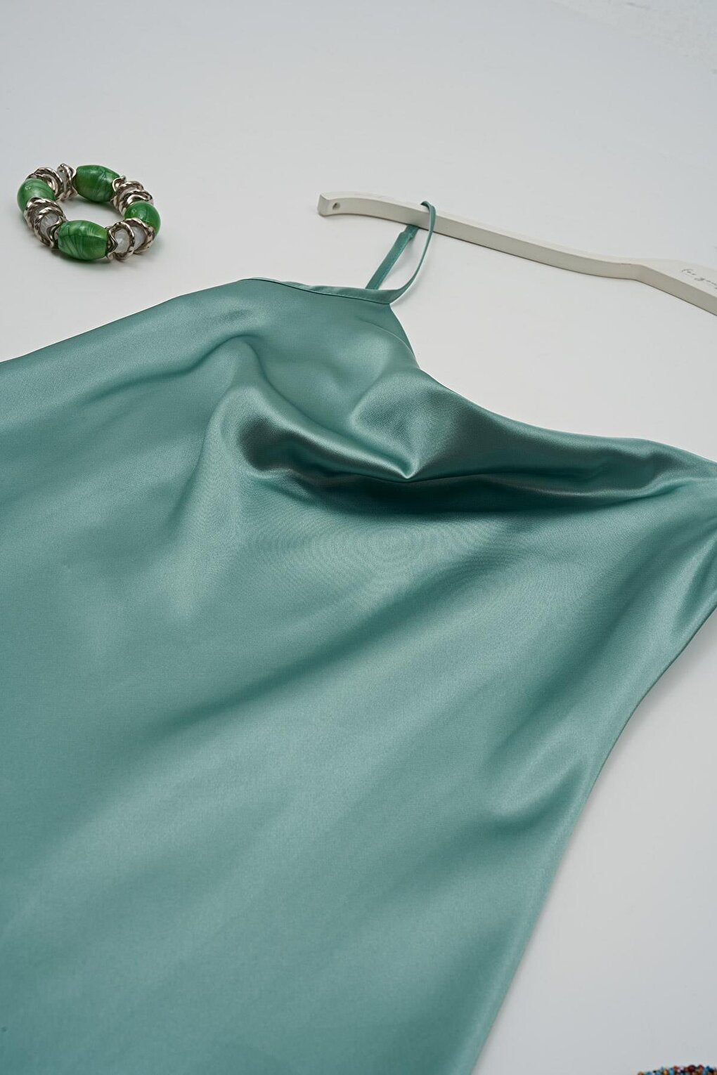 Lace Collar Water Green Satin Nightgown